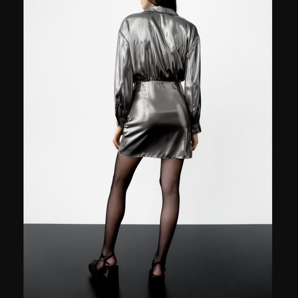 ZARA SILVER LAPEL SURPLICE WRAP EFFECT V NECK LAMINATED METALLIC DRESS $119 - Picture 9 of 13